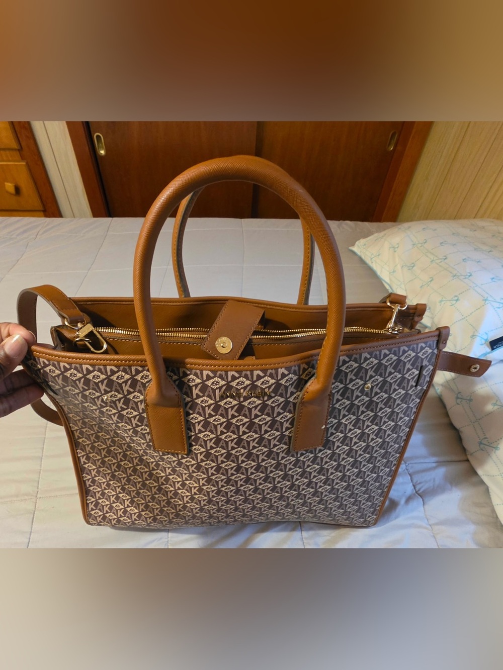 Anne Klein Brown Monogram Tote with Tan Leather Trim